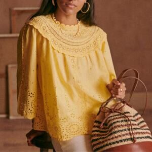 Sezane Celestia Crochet Eyelet Blouse NEW Yellow Floral Lace Scallop NWT Small S